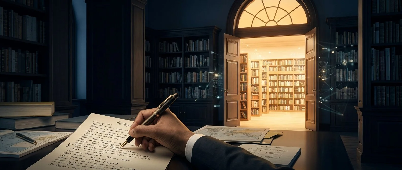 A library doorway opening into a brighter archive while an old reading list is annotated, symbolizing a more honest curriculum.