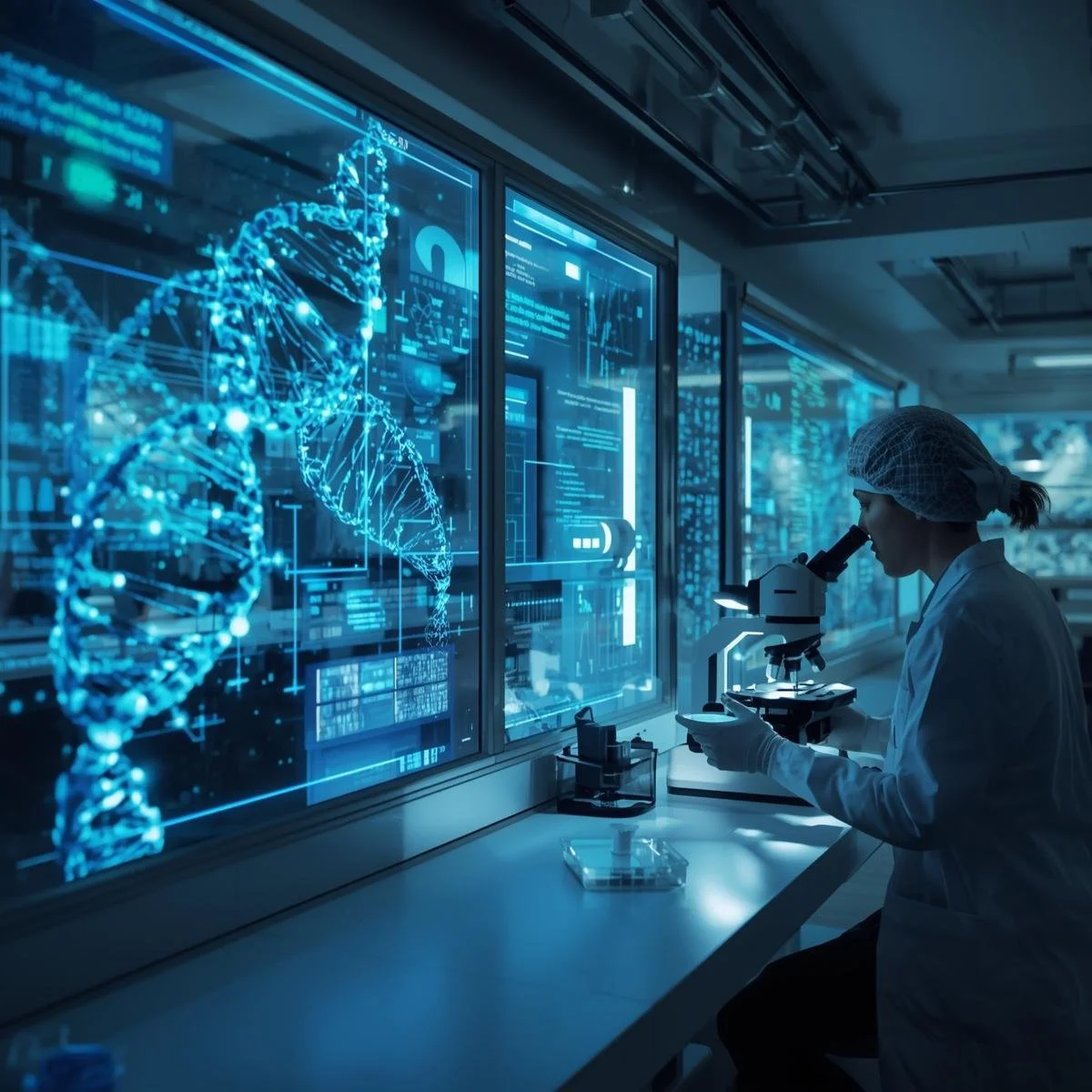 Research scientist in a laboratory examining a slide under a microscope with digital DNA and scientific data visuals projected on large screens.
