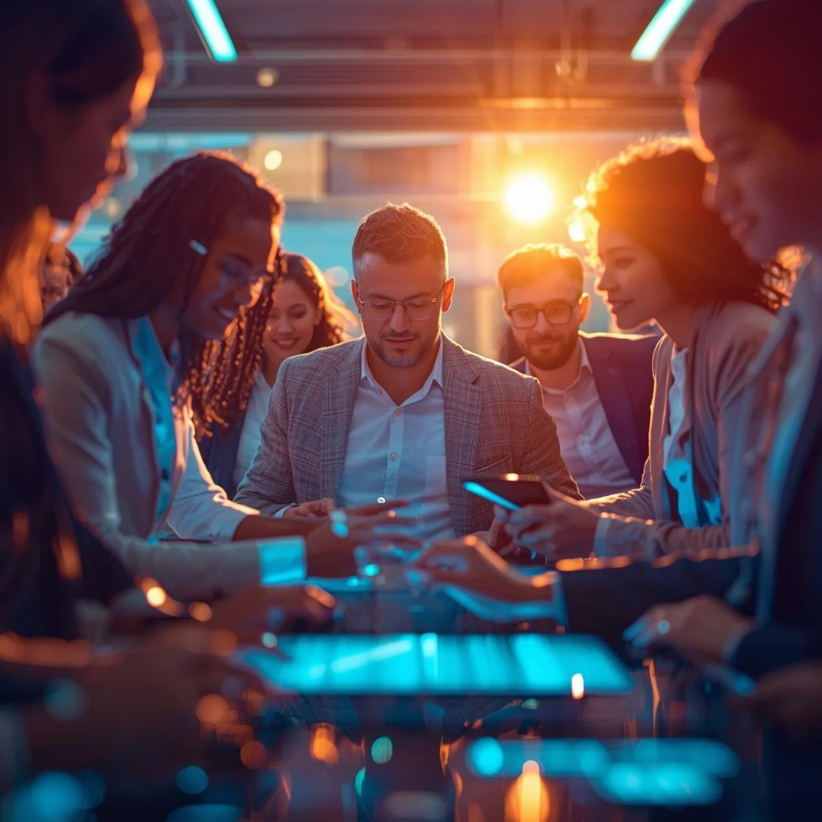 Business people gathered around a table at sunset, looking at phones and smiling.