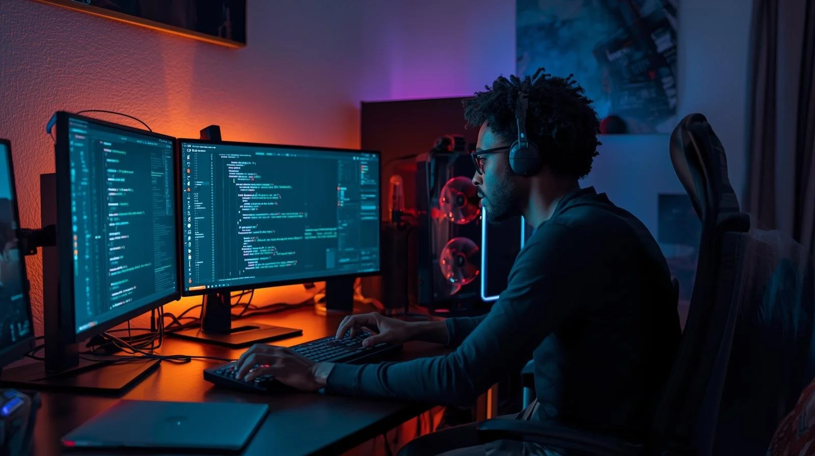 A person using dual computer monitors with code displayed, wearing headphones, in a dimly lit room with gaming or high-performance computer setup and LED lighting.