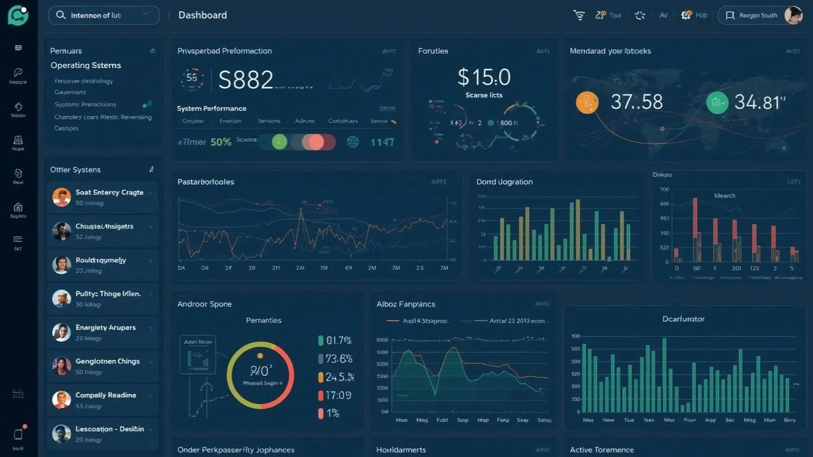 A computer dashboard displaying various charts, graphs, and metrics related to system performance, data analysis, and system statuses.
