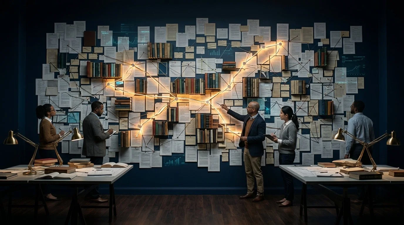 A large syllabus knowledge map with glowing citation pathways, symbolizing how repeated assignment creates authority.