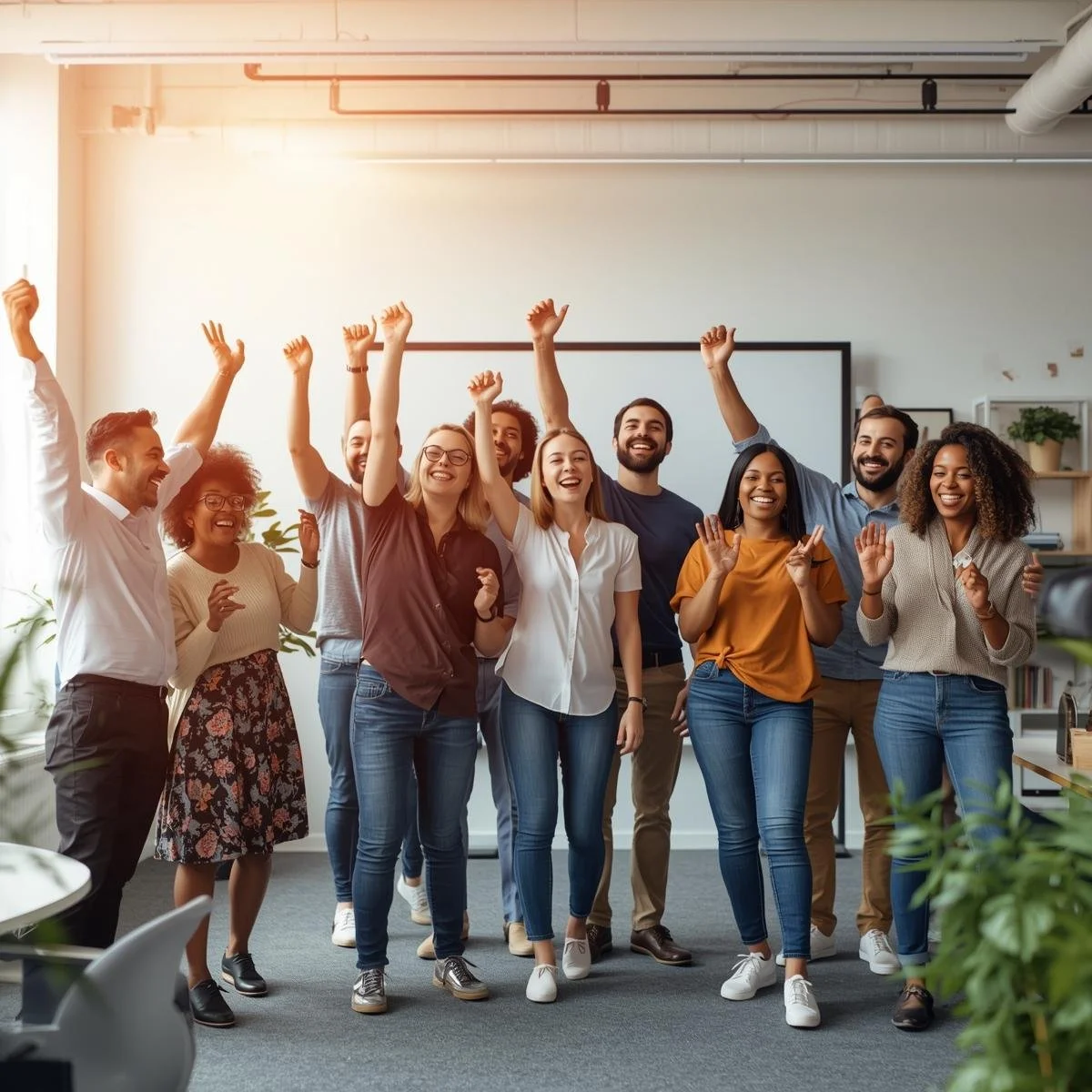 Group of diverse people celebrating and smiling in an office