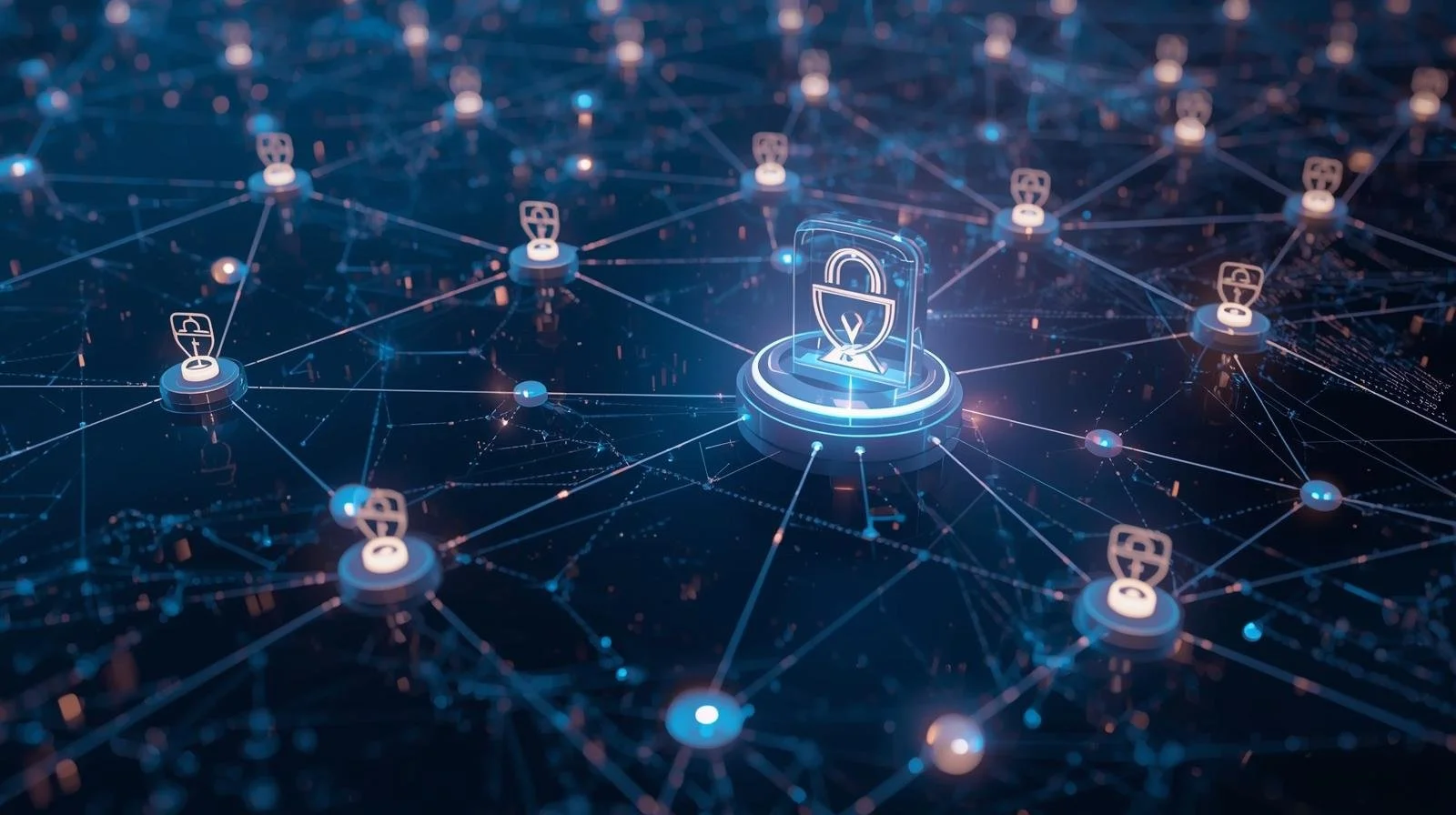 Digital illustration of a secure network with interconnected nodes, each represented by a padlock icon, and a prominent padlock symbol in the center.