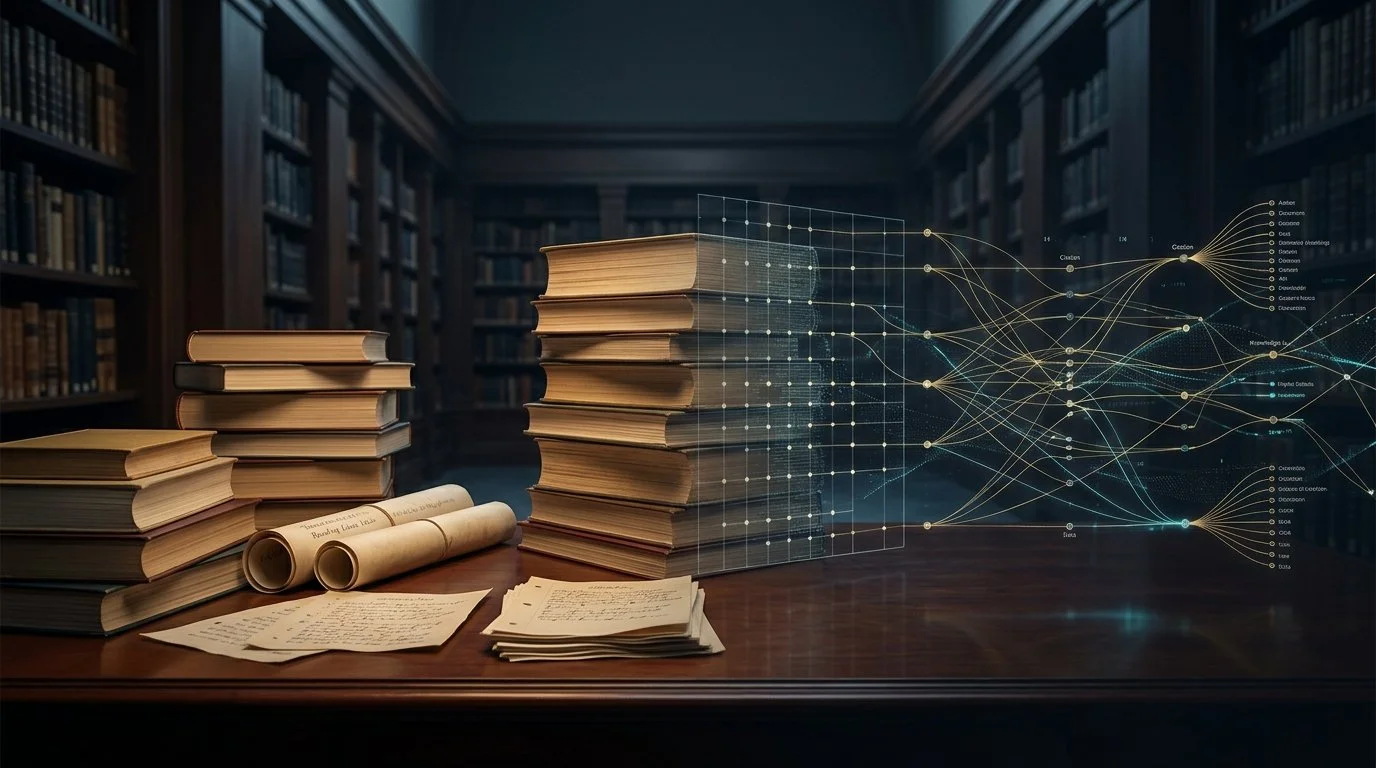 Books transforming into a digital dataset grid, representing the literary canon as a cultural training set.