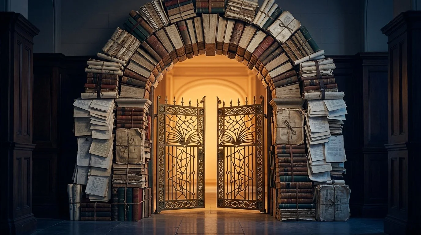 A symbolic doorway made of books and documents, representing reading lists as gateways to cultural authority.
