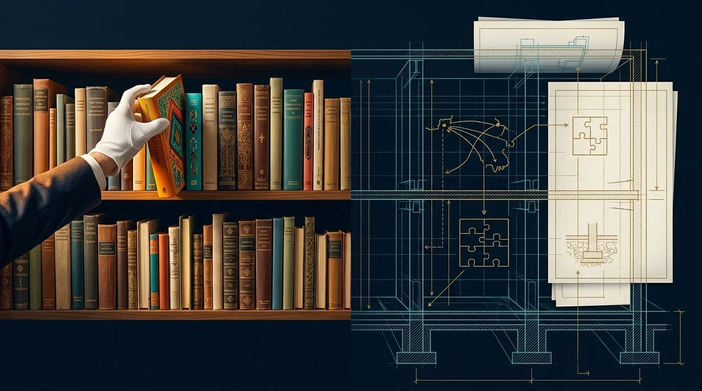 A split image showing books added to a shelf on one side and the shelf analyzed as a blueprint on the other.