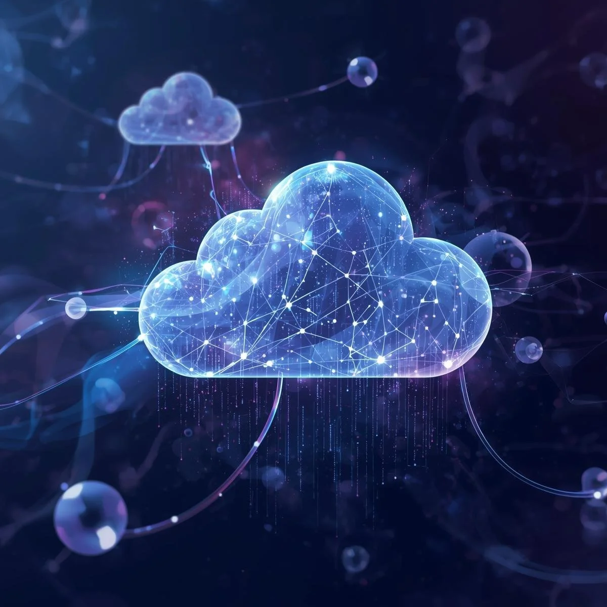 Digital illustration of a glowing cloud representing cloud computing, connected with various lines and nodes, with smaller clouds and data streams in the background.