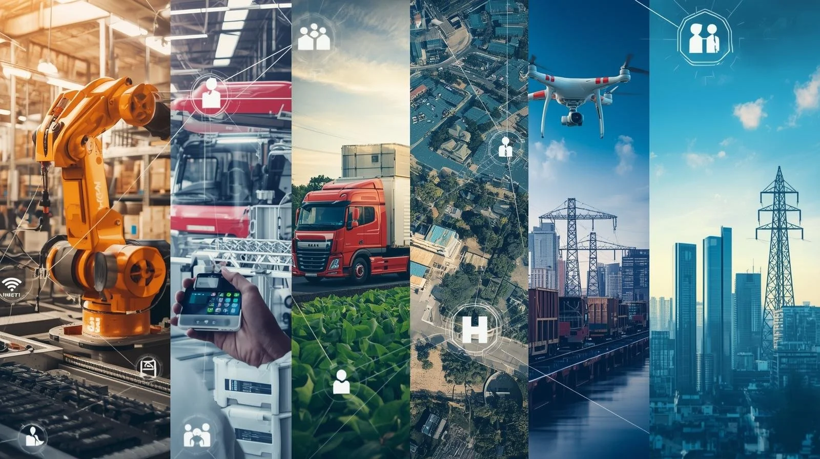Collage of various industrial and urban scenes, including a robotic arm in a factory, cargo trucks, a drone flying above a city, power lines, and city skyscrapers with digital connectivity icons.