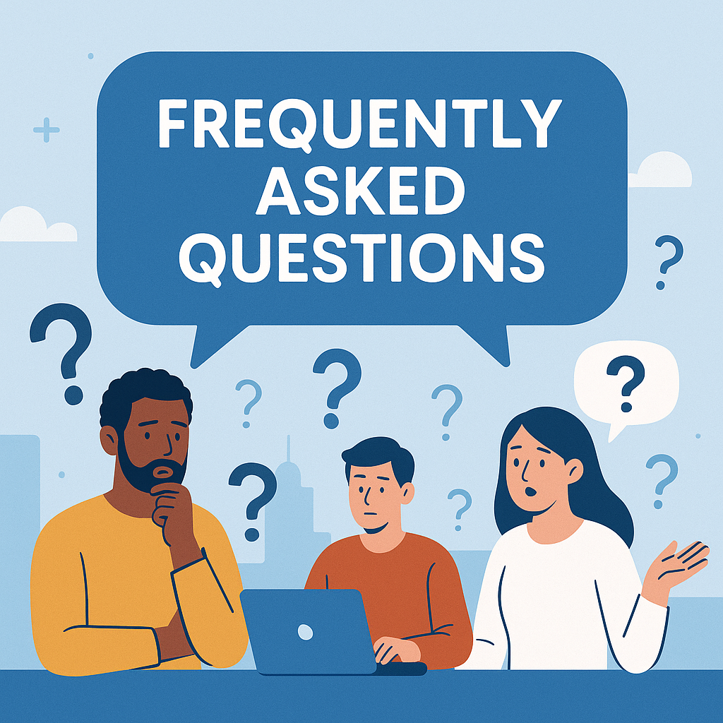 Illustration of three people having a discussion with a large speech bubble that reads 'Frequently Asked Questions,' surrounded by question marks.