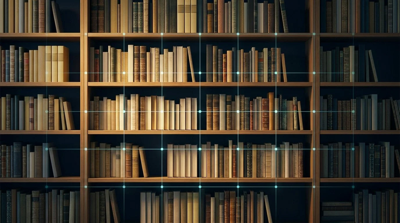 A diverse bookshelf partly obscured by a transparent institutional grid, representing progress and remaining limits in curriculum design.