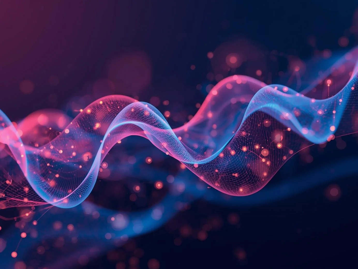 Digital visualization of a flowing wave pattern with pink and blue glowing particles on a dark background.