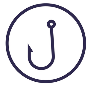 A fishing hook symbol enclosed in a circle.