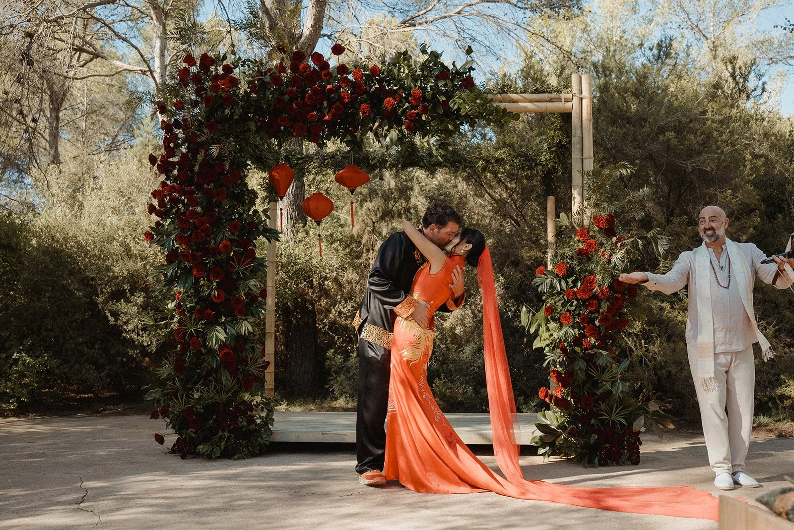 Chinese fusion wedding ceremony with red lanterns at Ca Na Xica, Ibiza