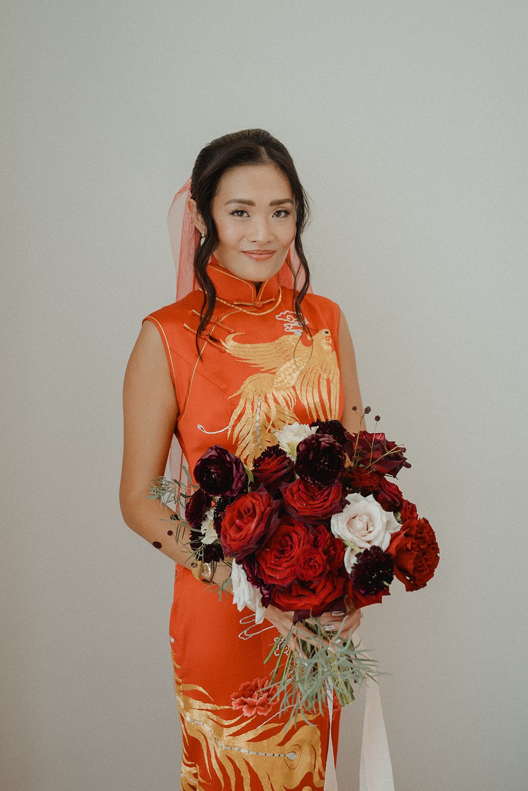 Bride in custom Jinza Oriental Chinese wedding dress with Christian Louboutin heels, Ibiza