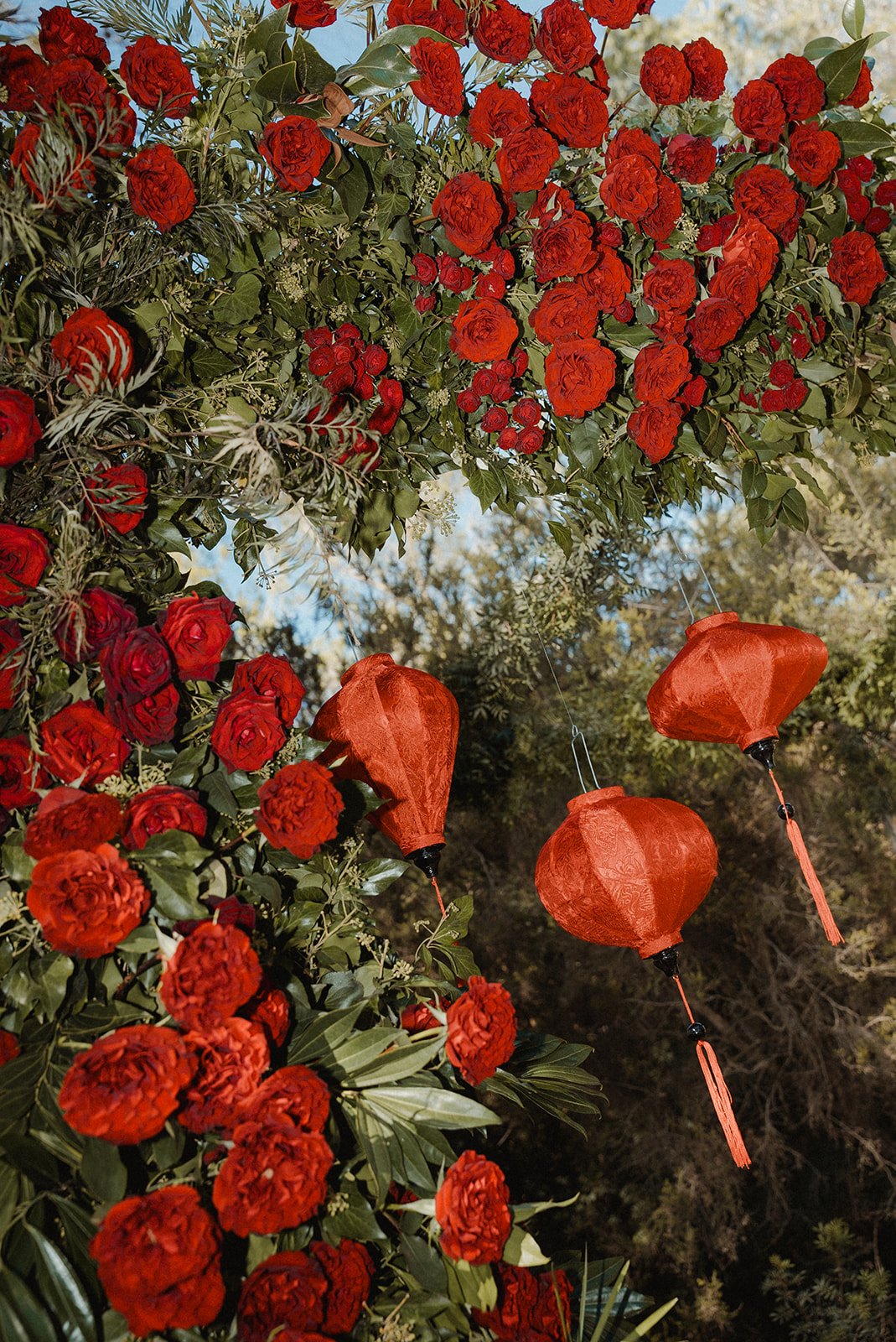 Chinese fusion wedding ceremony with red lanterns at Ca Na Xica, Ibiza