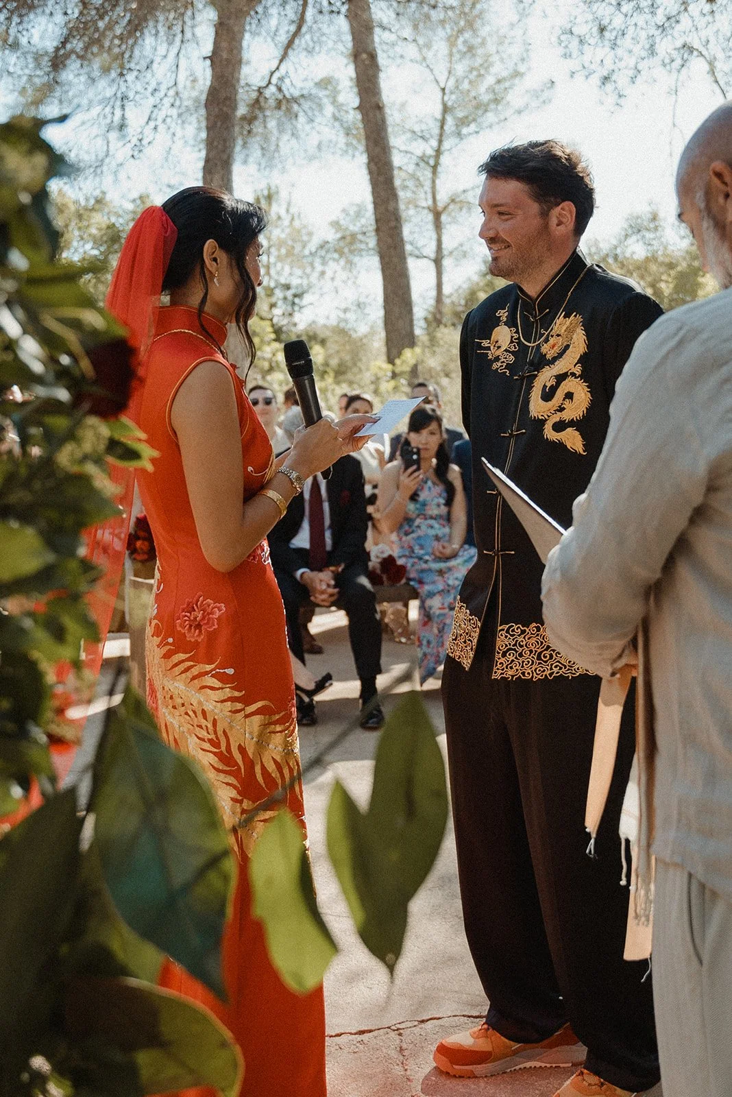 Chinese fusion wedding ceremony with red lanterns at Ca Na Xica, Ibiza