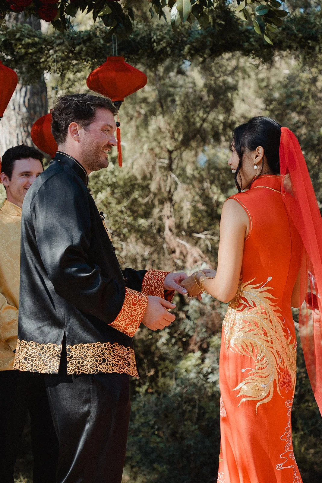 Chinese fusion wedding ceremony with red lanterns at Ca Na Xica, Ibiza
