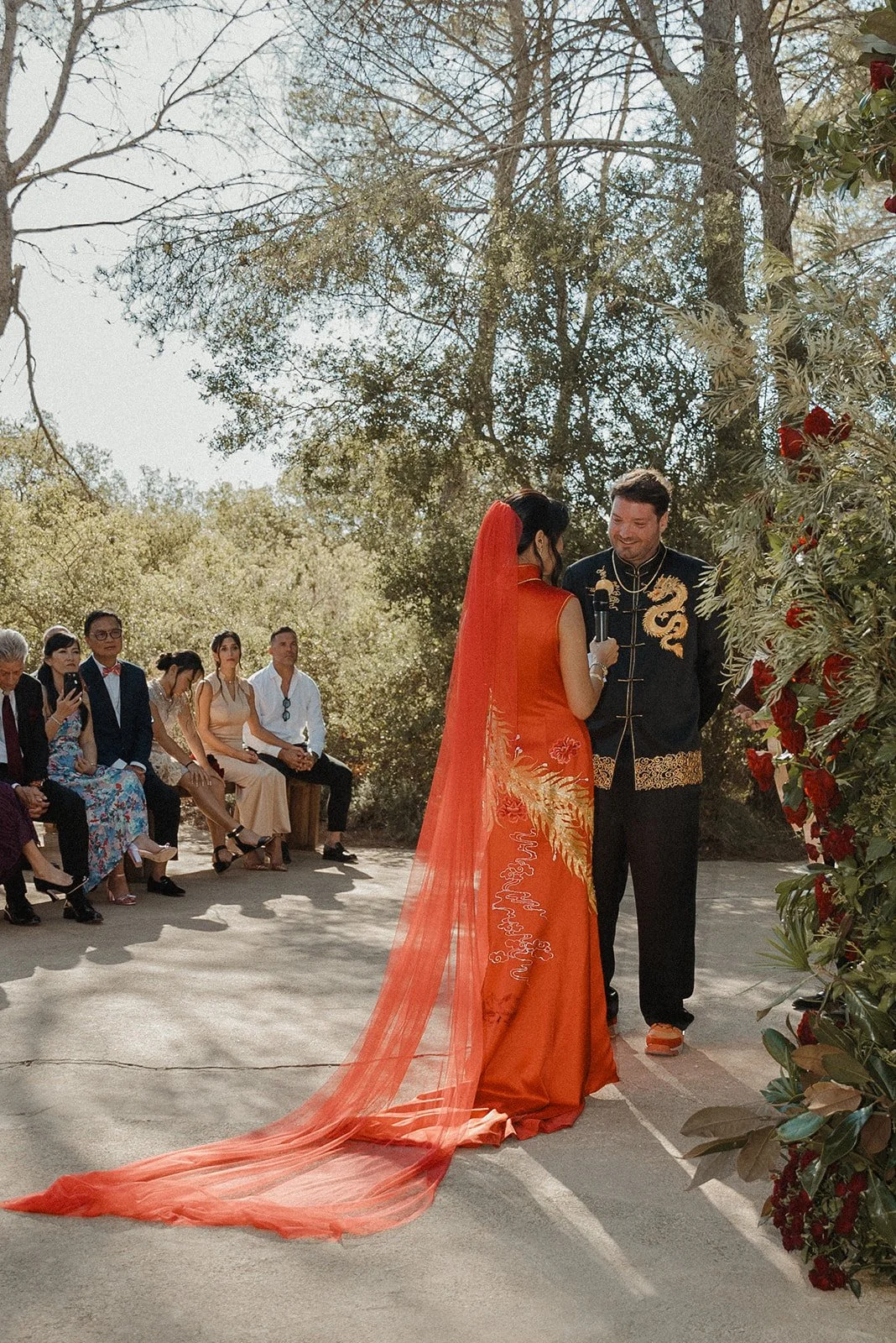 Chinese fusion wedding ceremony with red lanterns at Ca Na Xica, Ibiza
