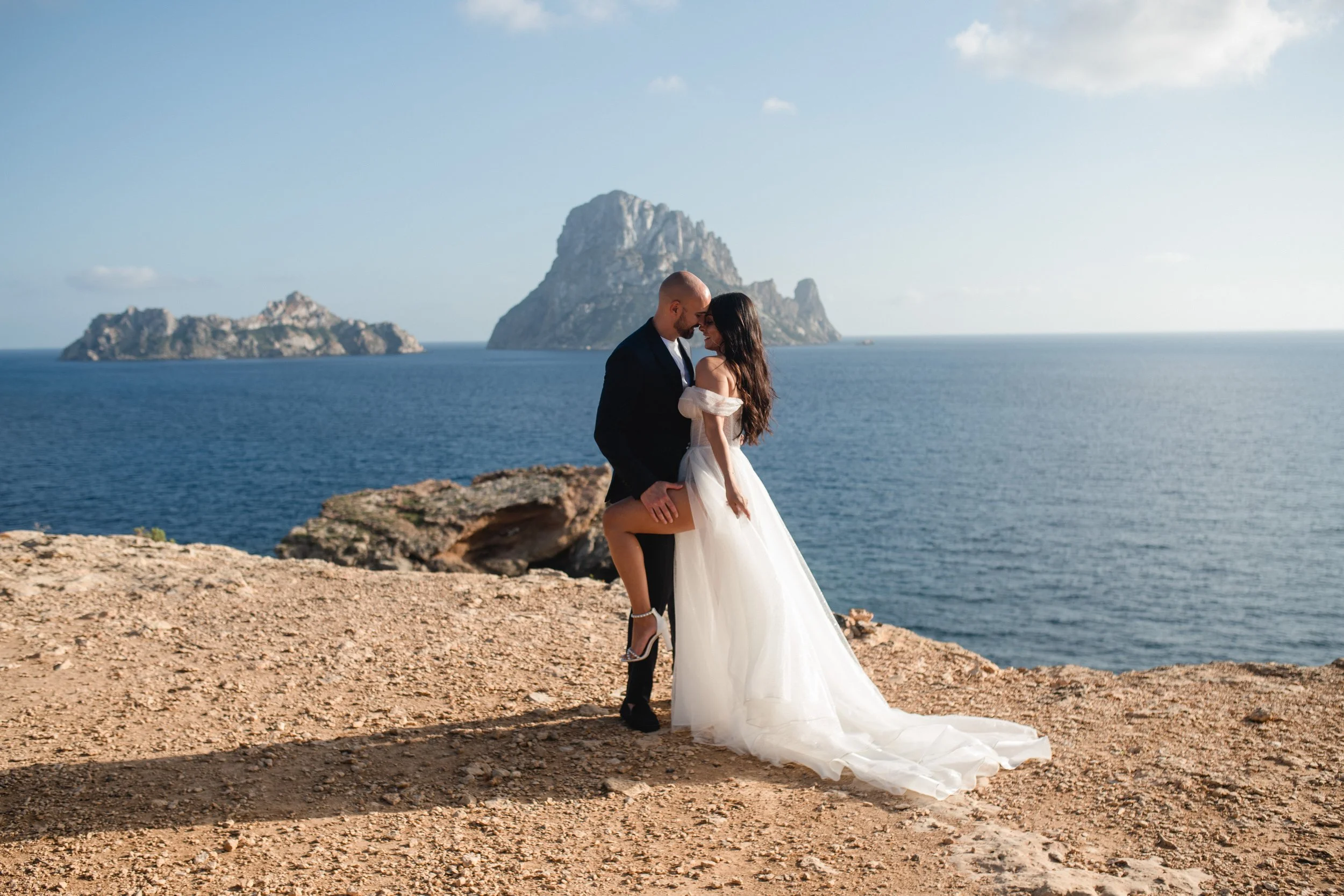 Couples shoot- Bride in Galia lahav off-shoulder wedding gown at Es Vedra Ibiza