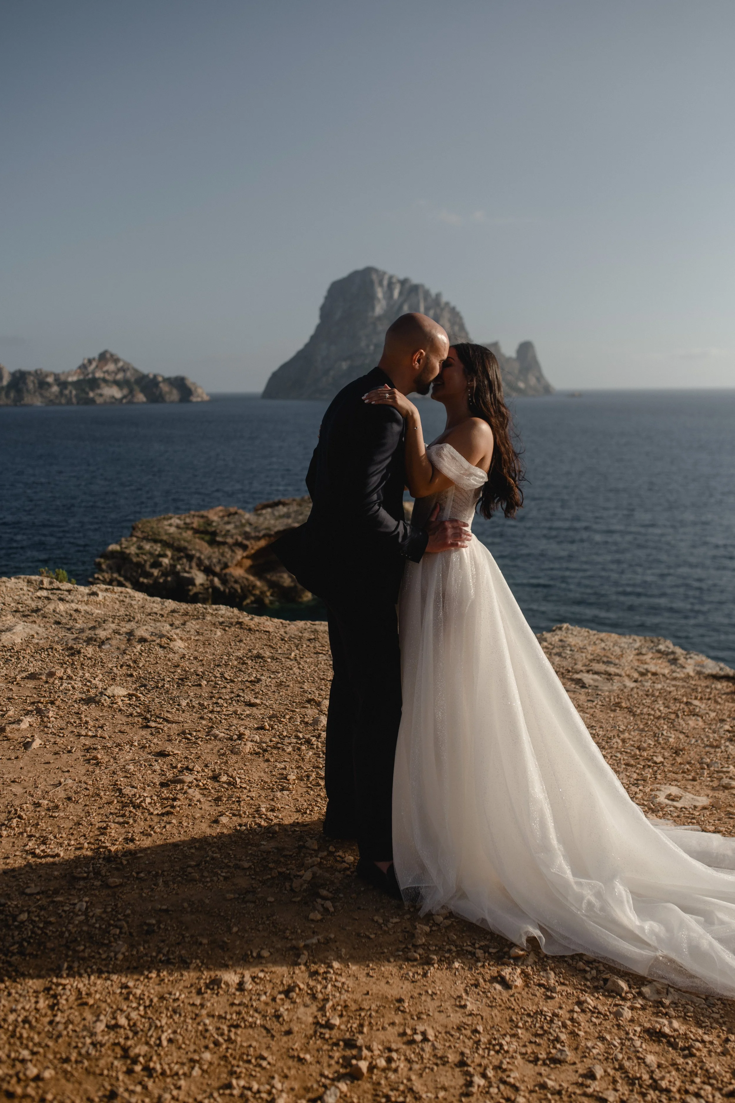 Couples shoot- Bride in Galia lahav off-shoulder wedding gown at Es Vedra Ibiza