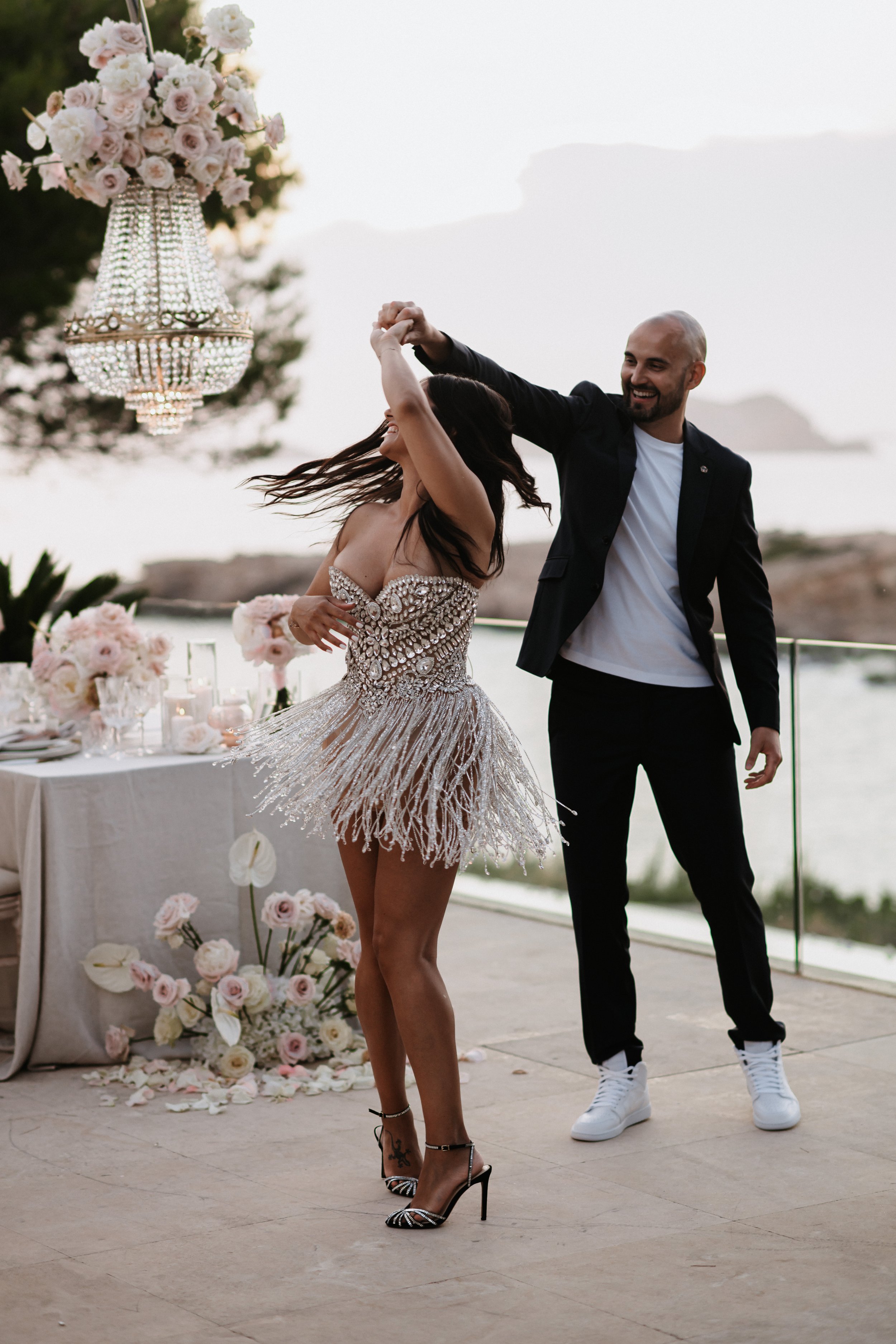 Albina Dyla beaded mini party dress with fringe detail, vow renewal celebration Ibiza