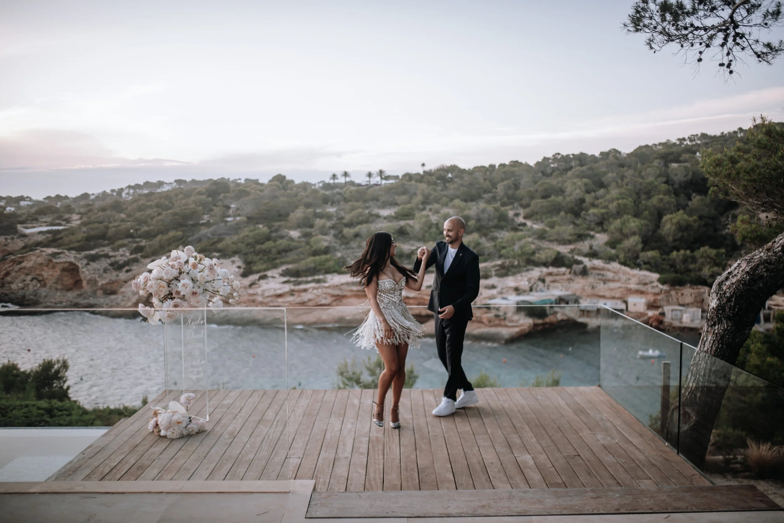 Albina Dyla beaded mini party dress with fringe detail, vow renewal celebration Ibiza