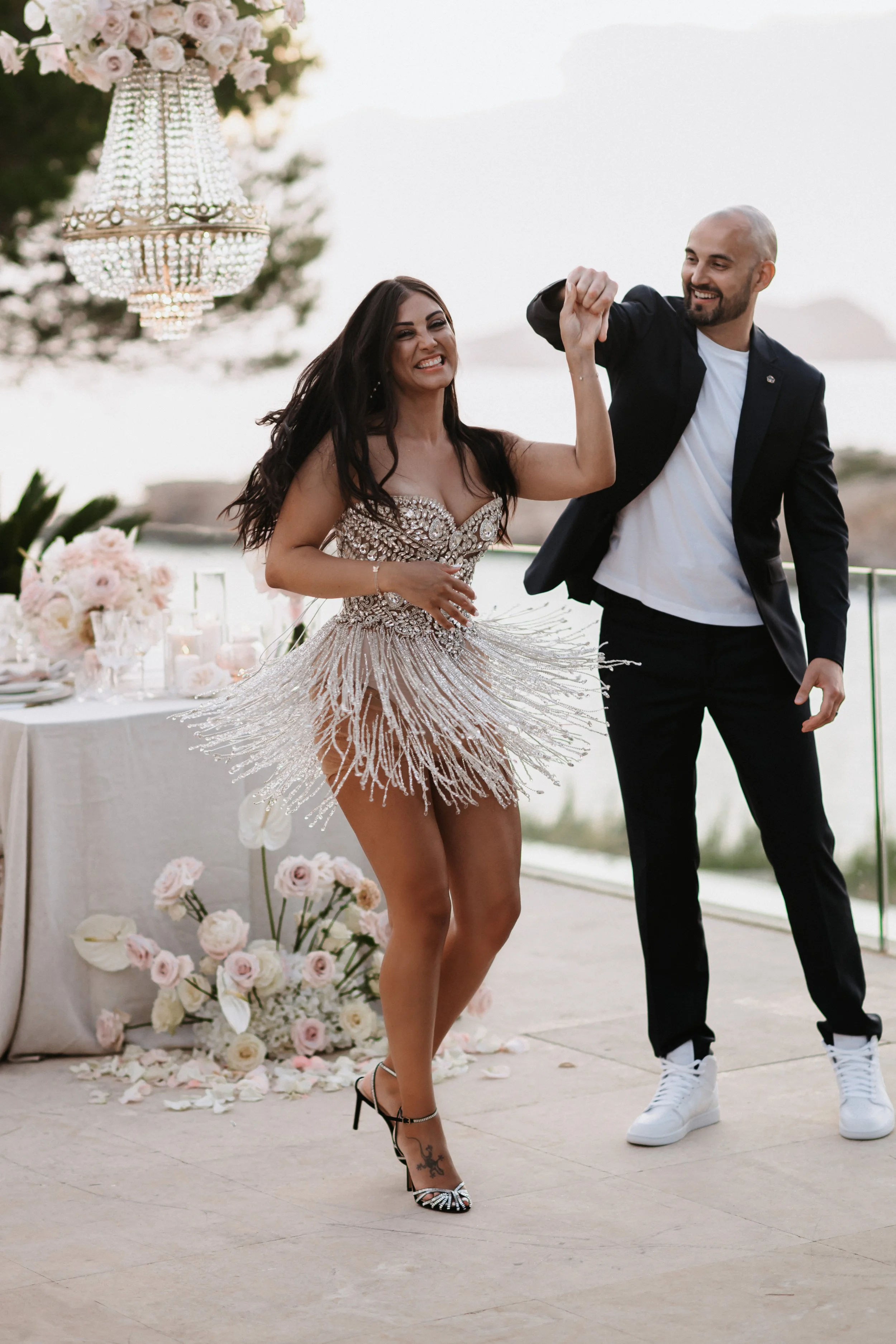 Albina Dyla beaded mini party dress with fringe detail, vow renewal celebration Ibiza