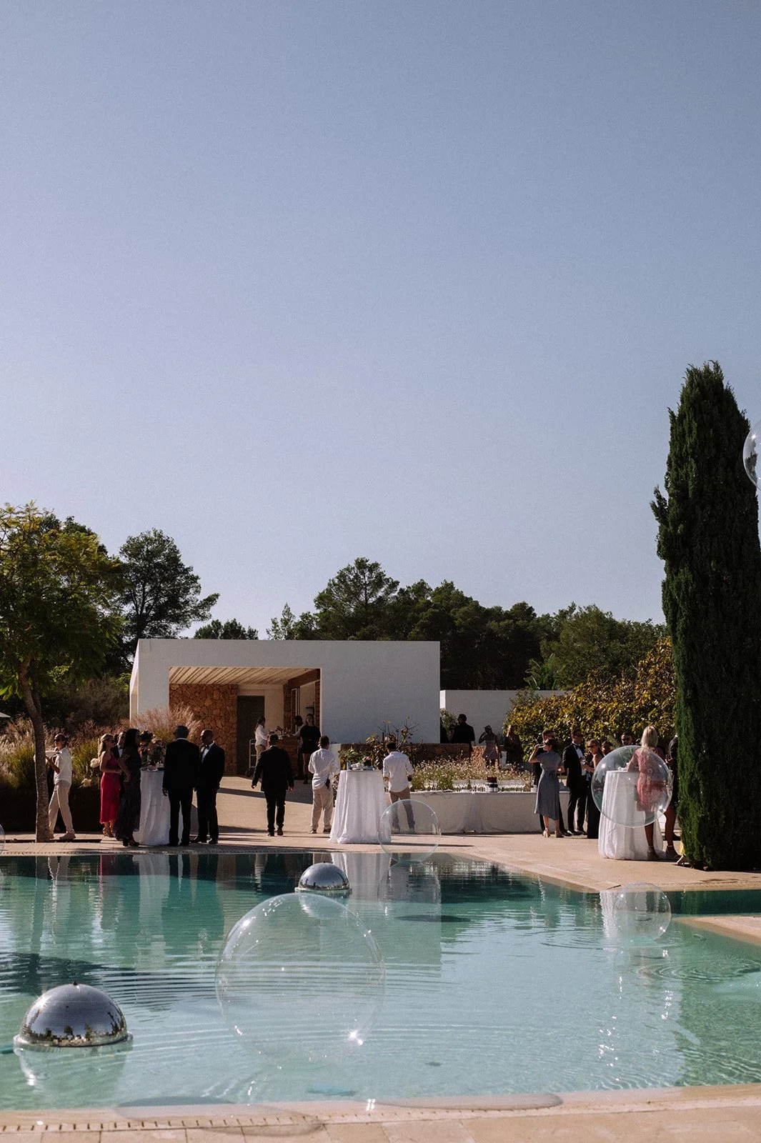 Luxury wedding pool decoration with floating bubbles, Ca Na Xica