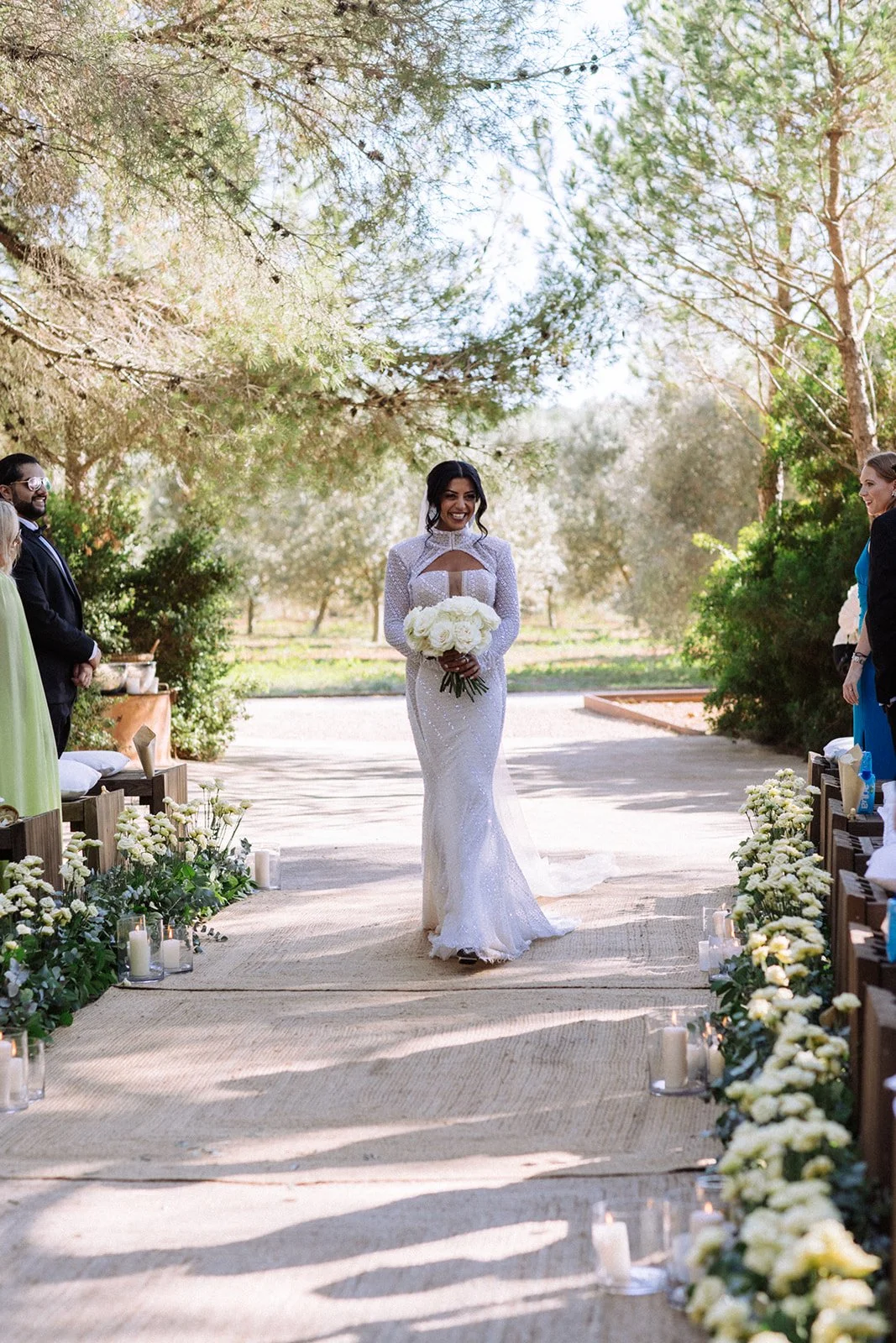 Bride walking down aisle stylish wedding , Ca Na Xica Ibiza