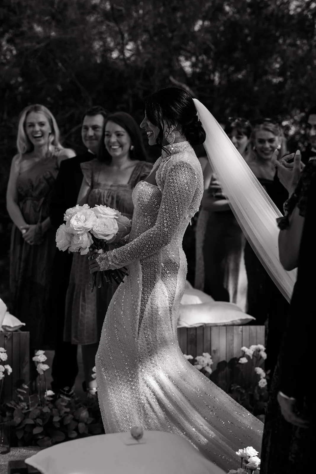Bride walking down aisle stylish wedding , Ca Na Xica Ibiza