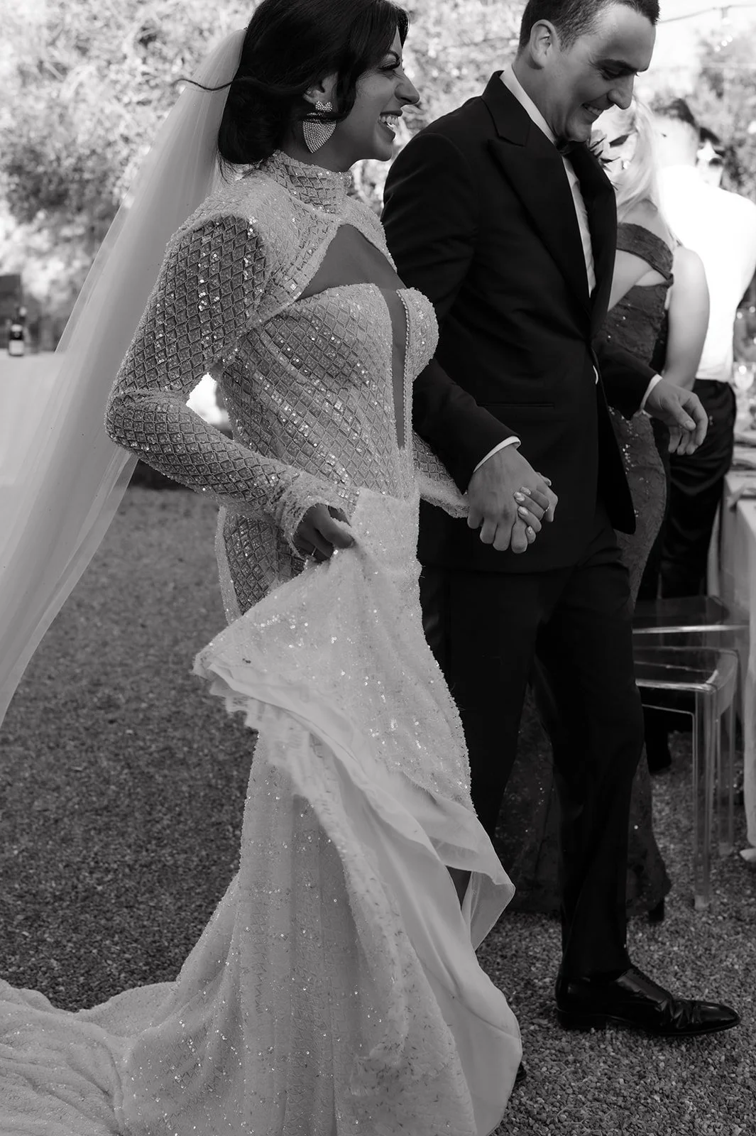 Bride and groom walking down aisle with bubble send-off, Ca Na Xica Ibiza