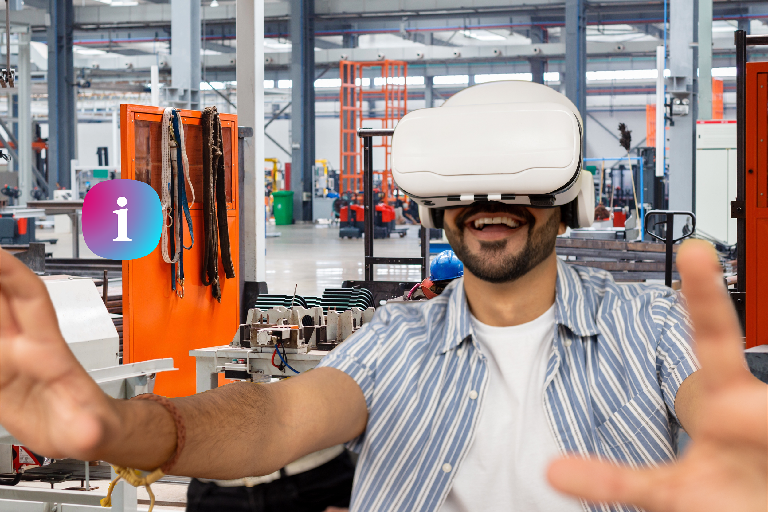 Person in a VR headset experiencing virtual training in a factory environment. Created by Racing Snake Media.