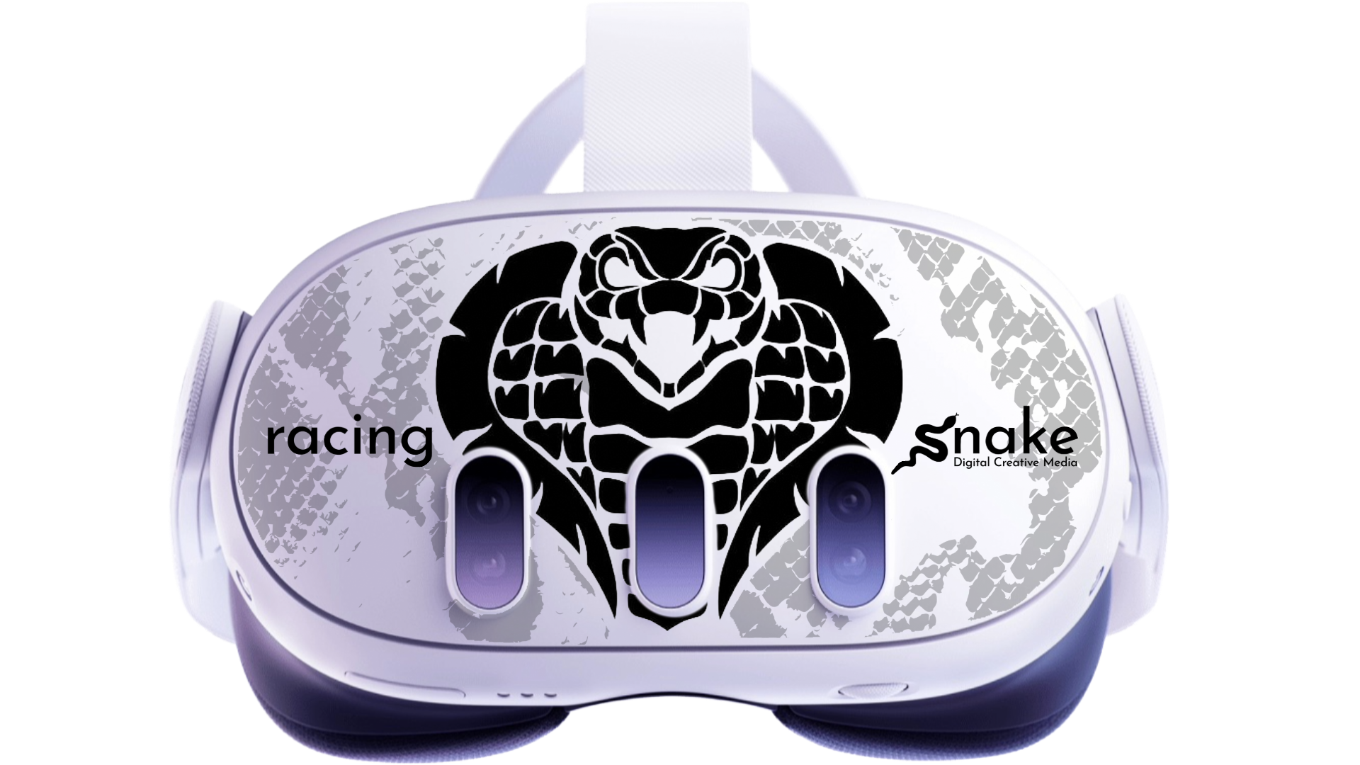 Virtual Reality Meta Quest 3 headset customised with Racing Snake Media graphics