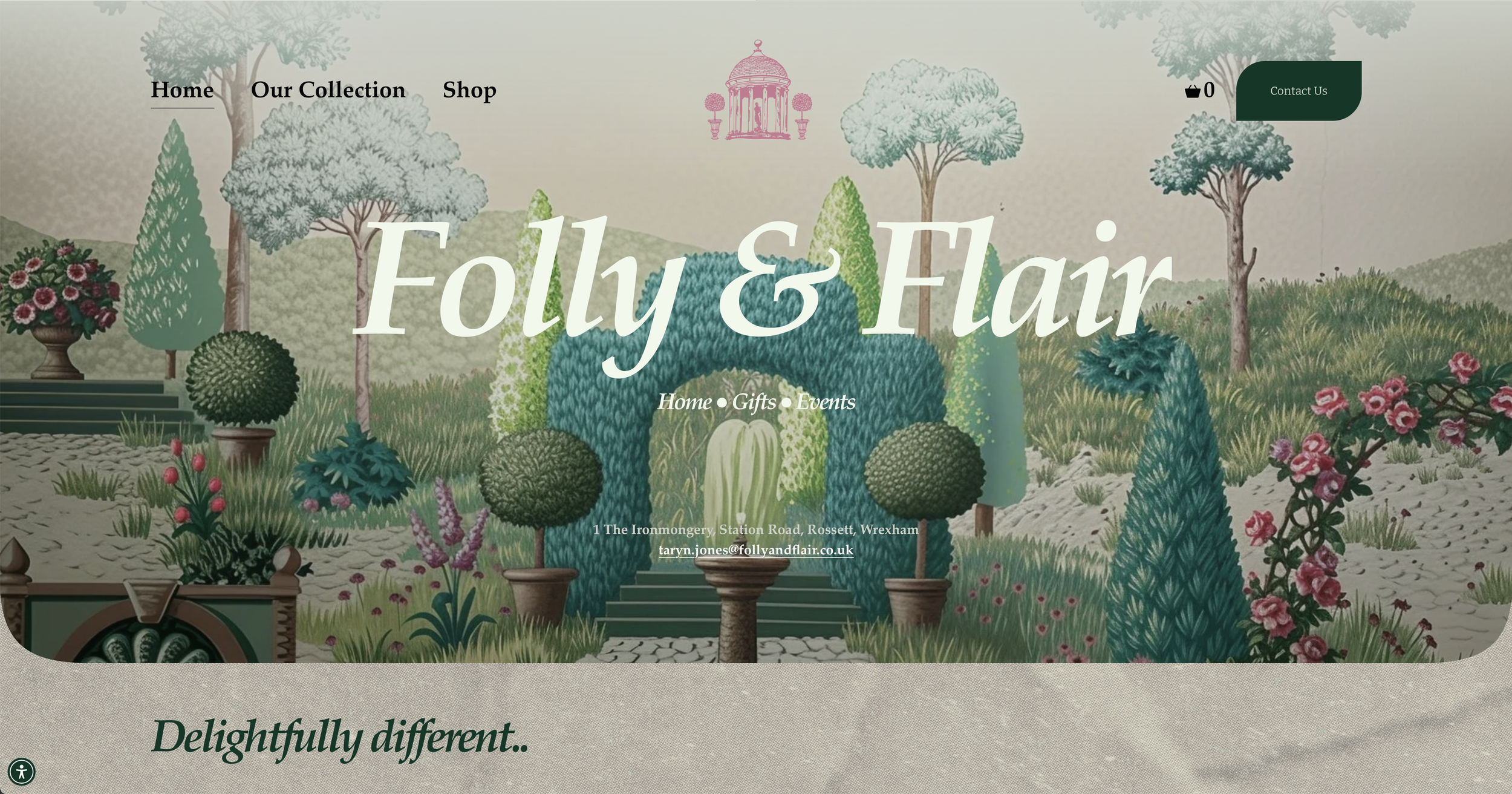 Homepage screenshot Folly & Flair gift shop's new website designed and built by Racing Snake Media