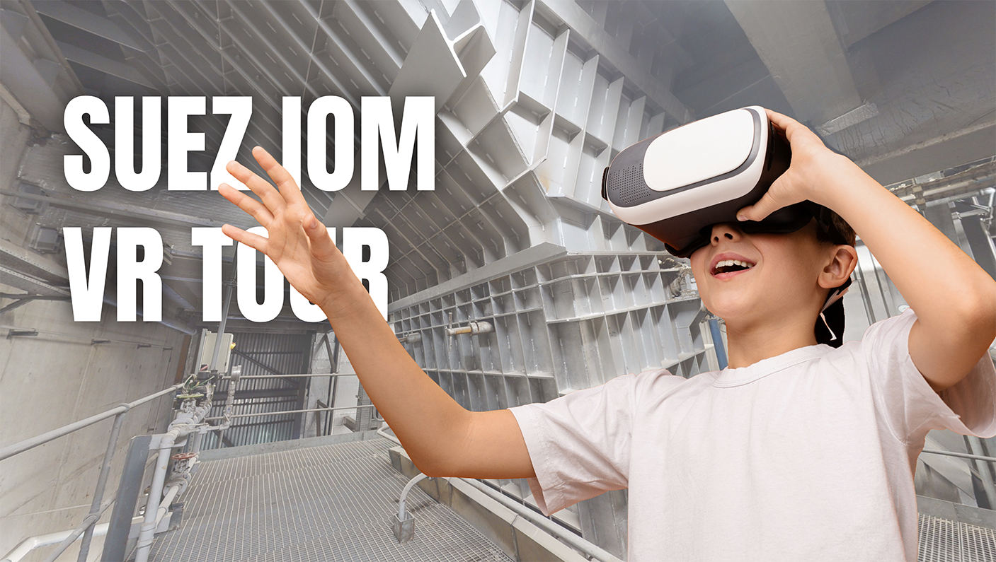 Child in a VR headset experiencing the custom VR app designed and built for SUEZ in the Isle of Man by Racing Snake Media