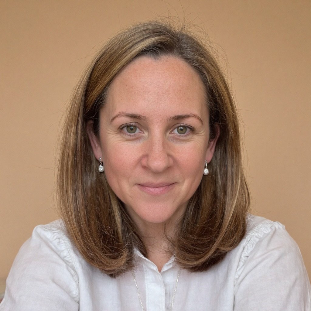 A woman with shoulder-length light brown hair, wearing pearl earrings and a white blouse, smiling at the camera against a plain beige background.
