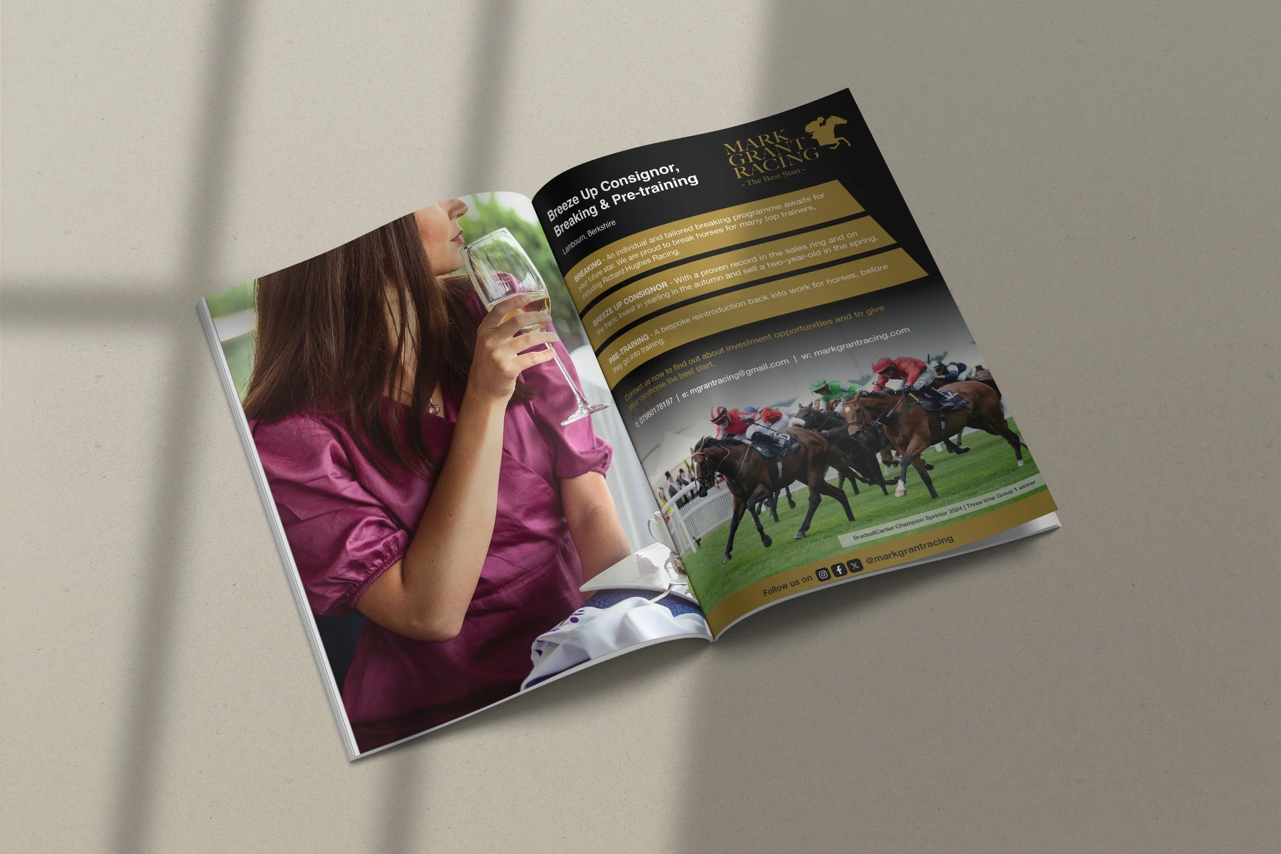 An open magazine featuring a woman with long brown hair drinking from a wine glass on the left page and a horse racing scene on the right page.