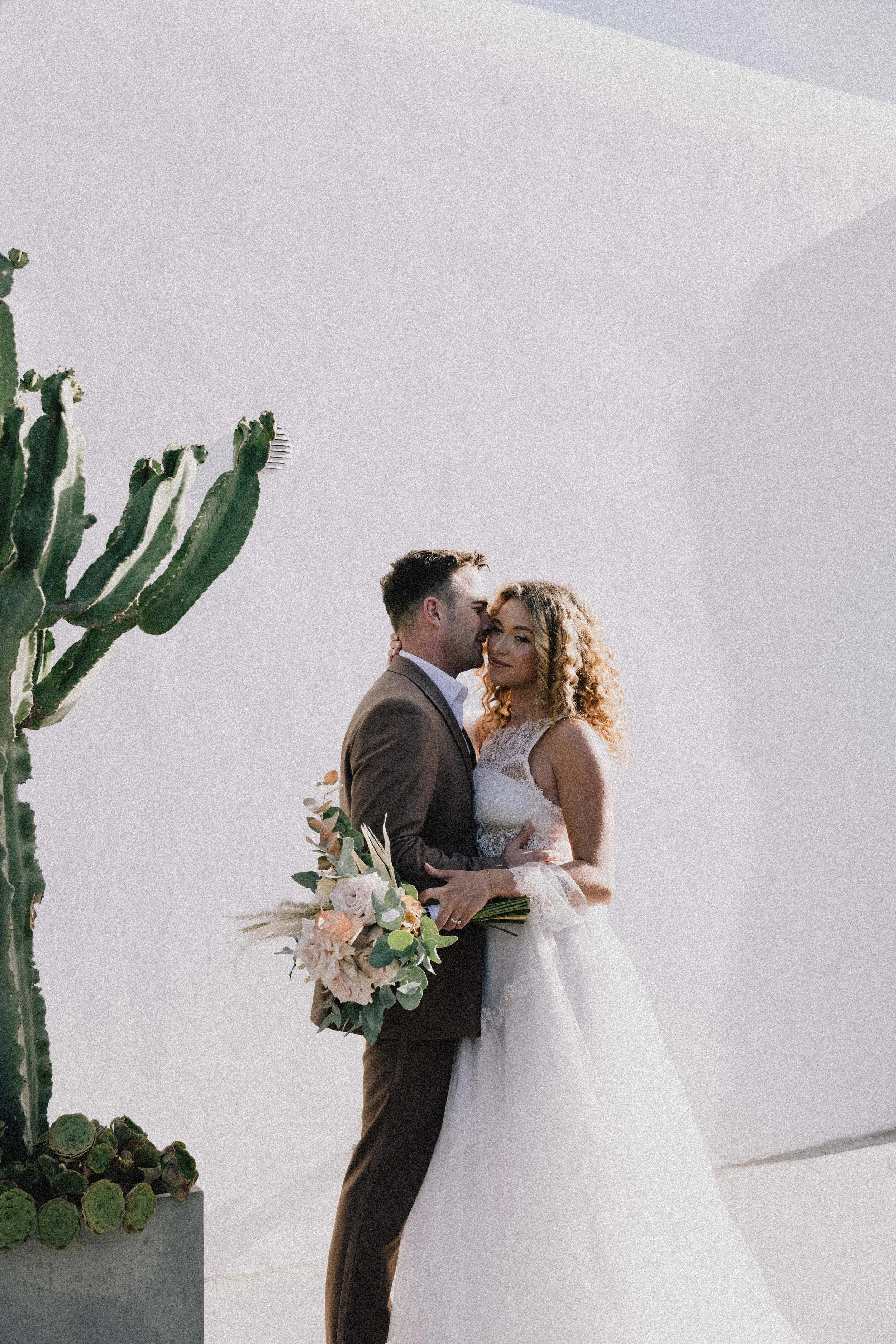 A bride and groom sharing a romantic moment outdoors, with a large cactus on the left side and a clear, bright sky in the background.