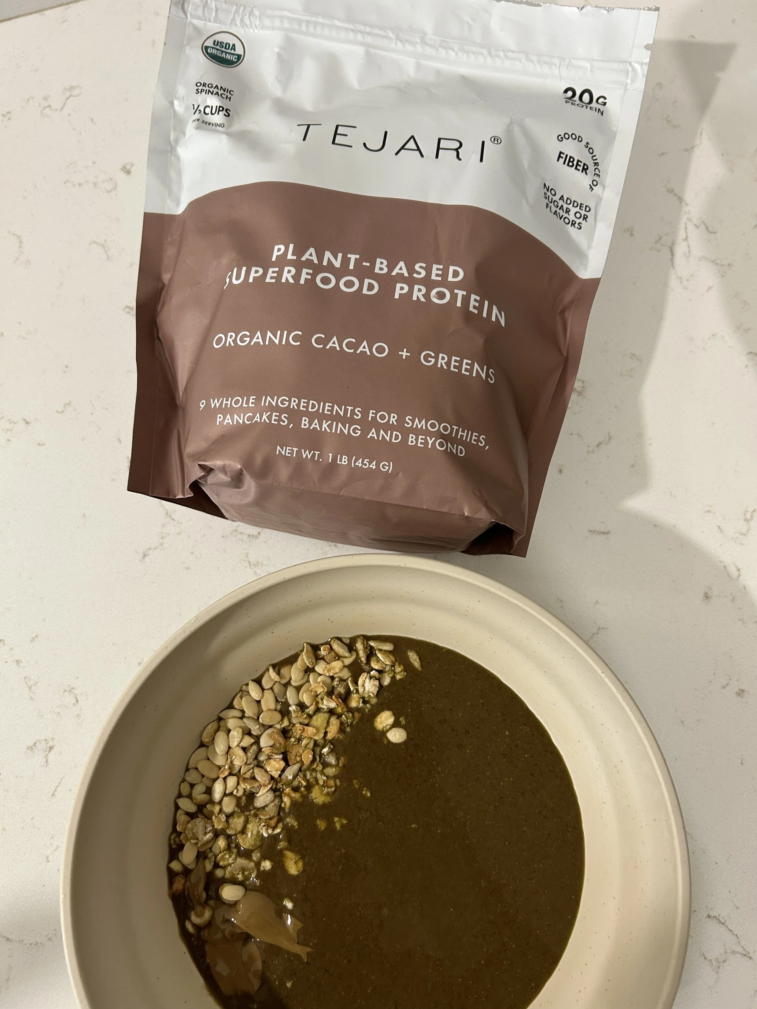 Loved the protein powders I tried from Tejari. I did a mixed variety pack and loved this cacao + greens flavour. A whole-food-based protein blend with cacao, greens, and anti-inflammatory superfoods. 