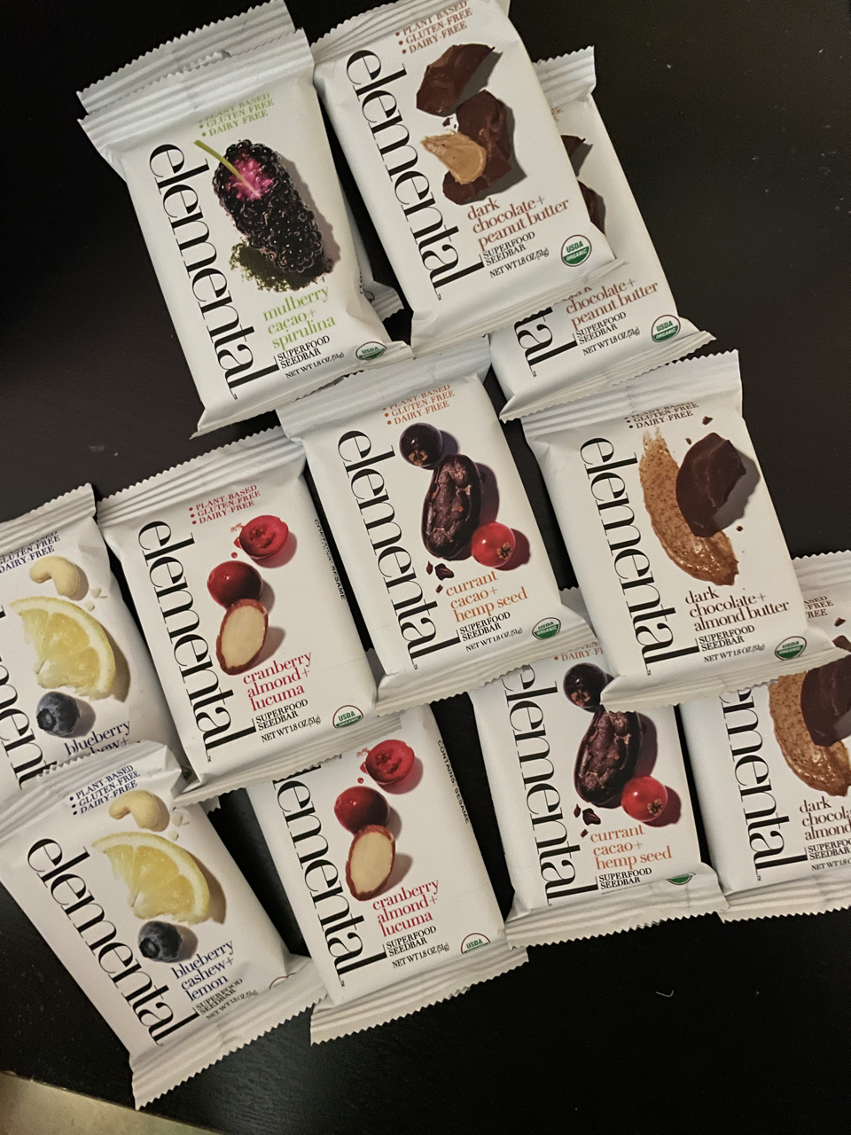 Elemental Superfood Bars - 
Nutrient-dense snack bars made with organic nuts, seeds, and superfoods like mulberries, cacao, and hemp seeds. Plant-based, gluten-free, and dairy-free for a clean energy boost anytime.