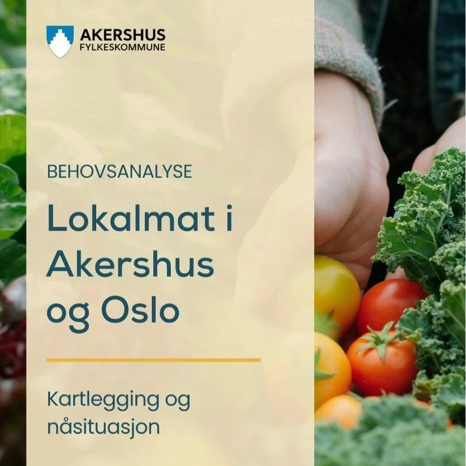 Forside av rapport om lokalmat i Akershus og Oslo, med bilde av grønnsaker som tomater og kale, og kommunens logo