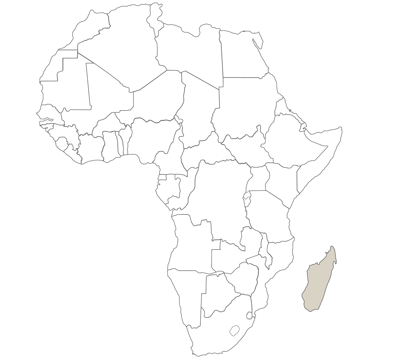 Kart over Afrika som viser land og deres grenser, med Etiopia i øst som er fremhevet i beige.