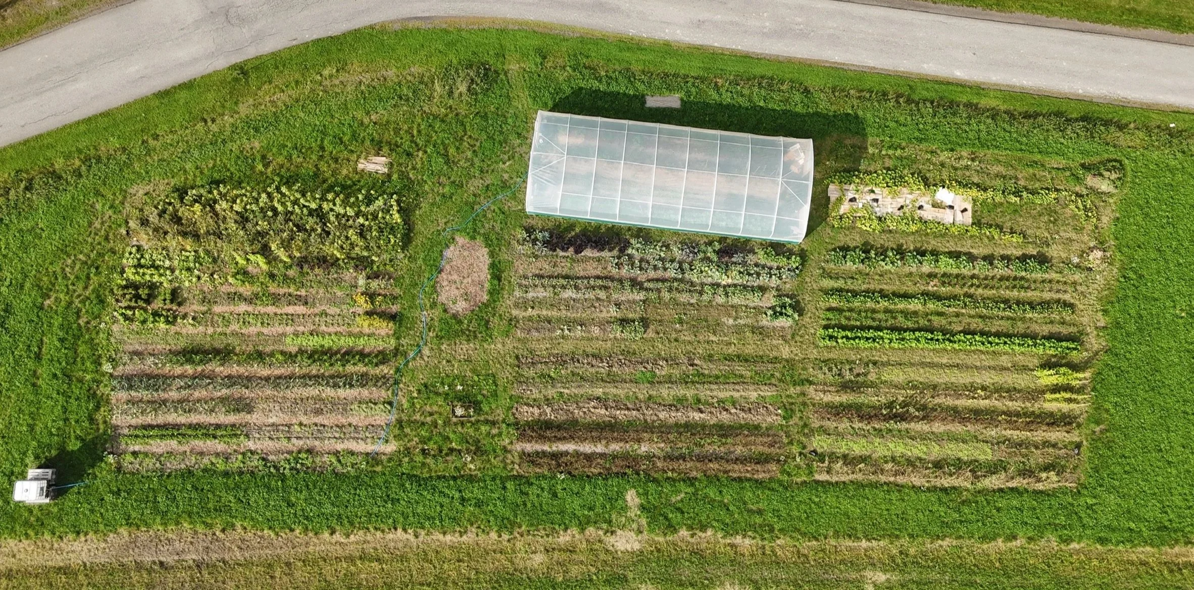 Oversiktsbilde av en grønnsakshage med små planter og en varmepumpe. En veksthus er plassert midt i hagen.