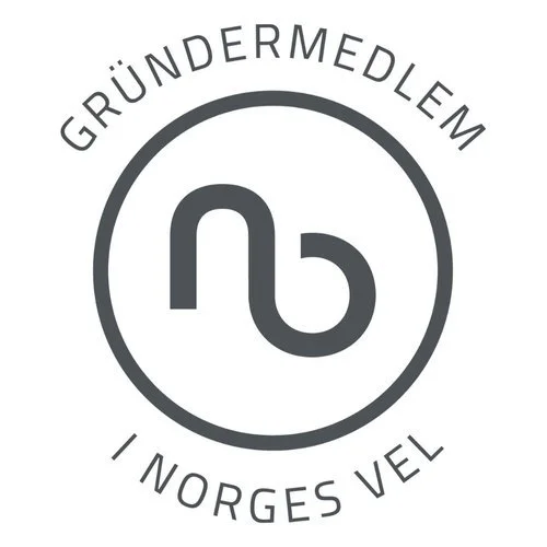 En logo med teksten "Grundermedlem i Norges VEL" og en sirkel som inneholder en stilisert kombinasjon av bokstavene "G" og "V".
