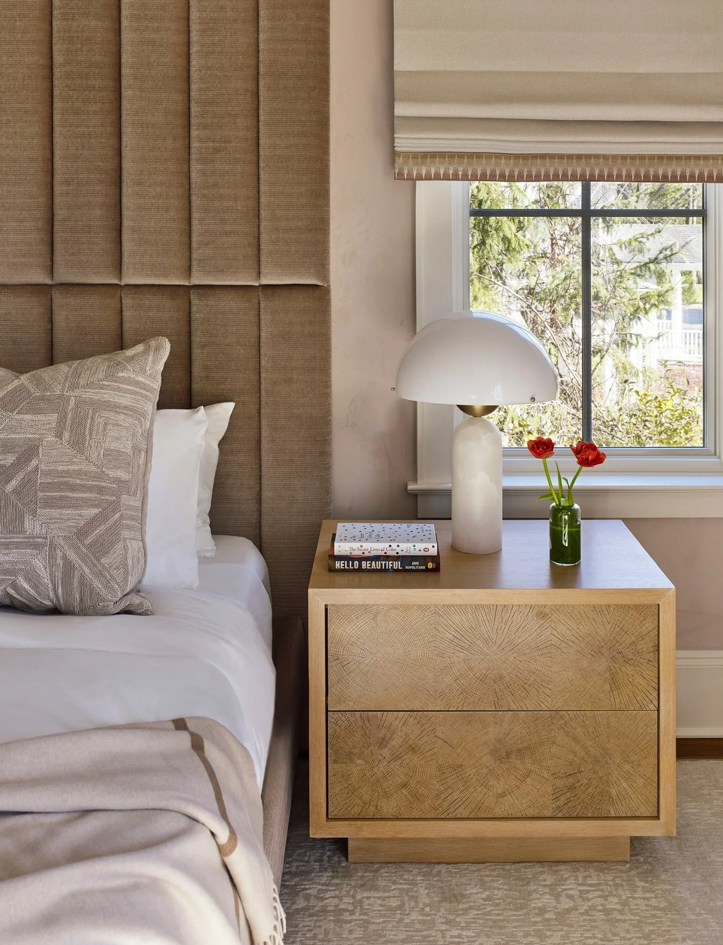 A peaceful morning moment in our Rye project. 

Bed: Custom VT home design in @hollyhuntdesign fabric 
Pillows: @romo_fabrics 
Windows: @romo_fabrics 
Ceiling: @armani_casa_by_dusekdecor 
Photo: @petermurdock_photo 

#interiordesign #interiordesigner