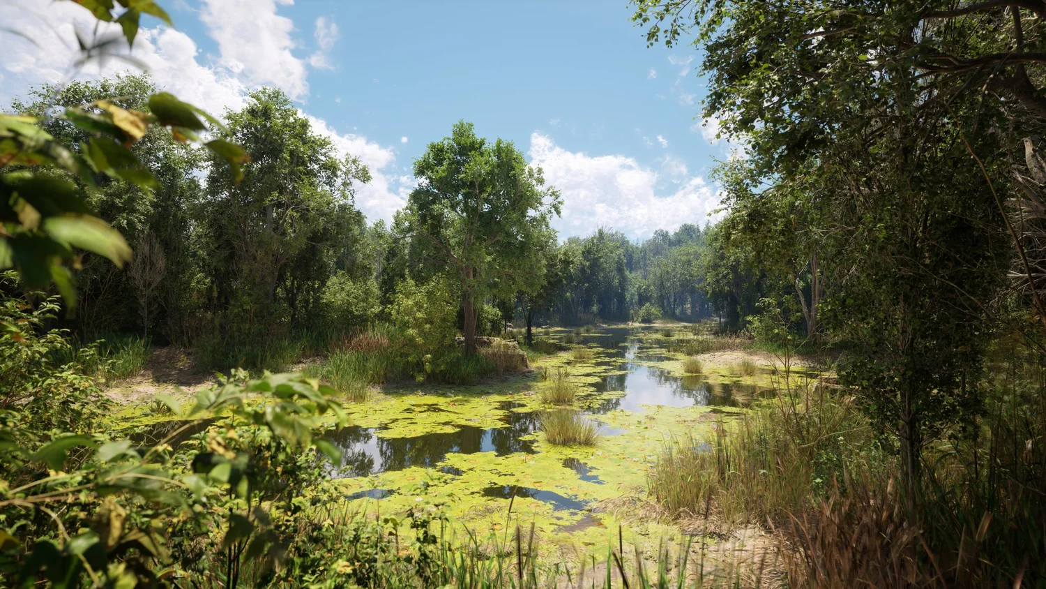 Procedural river biome with flowing water generated using PCG in Unreal Engine 5