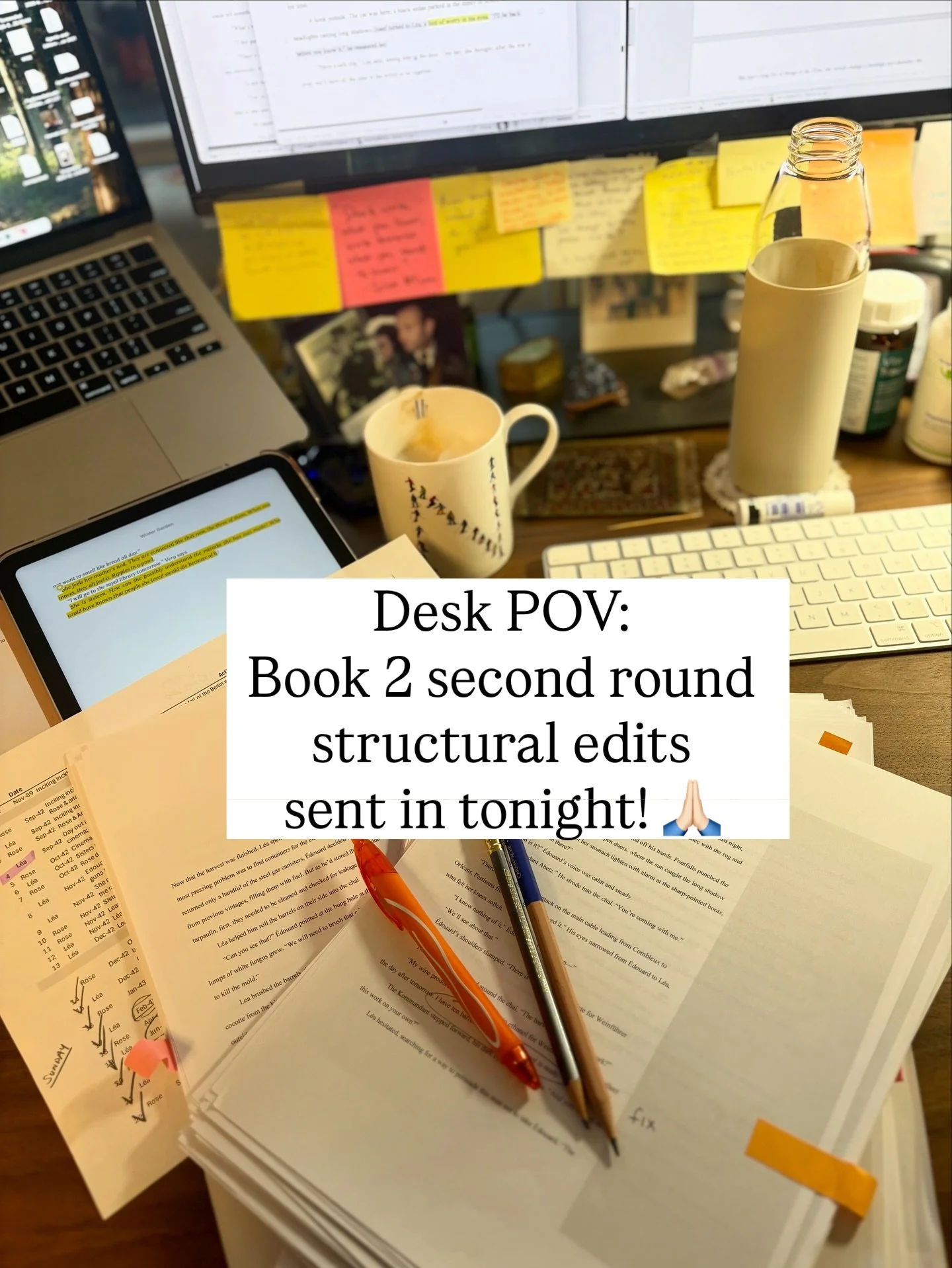 Book 2 is coming along. Two edits done, two more to go. Whew! Yes, my desk is messy&hellip;I can only keep it clean for a day!! Can you see the spreadsheet under the pages? I&rsquo;m so grateful that I used to work at a job that required spreadsheets
