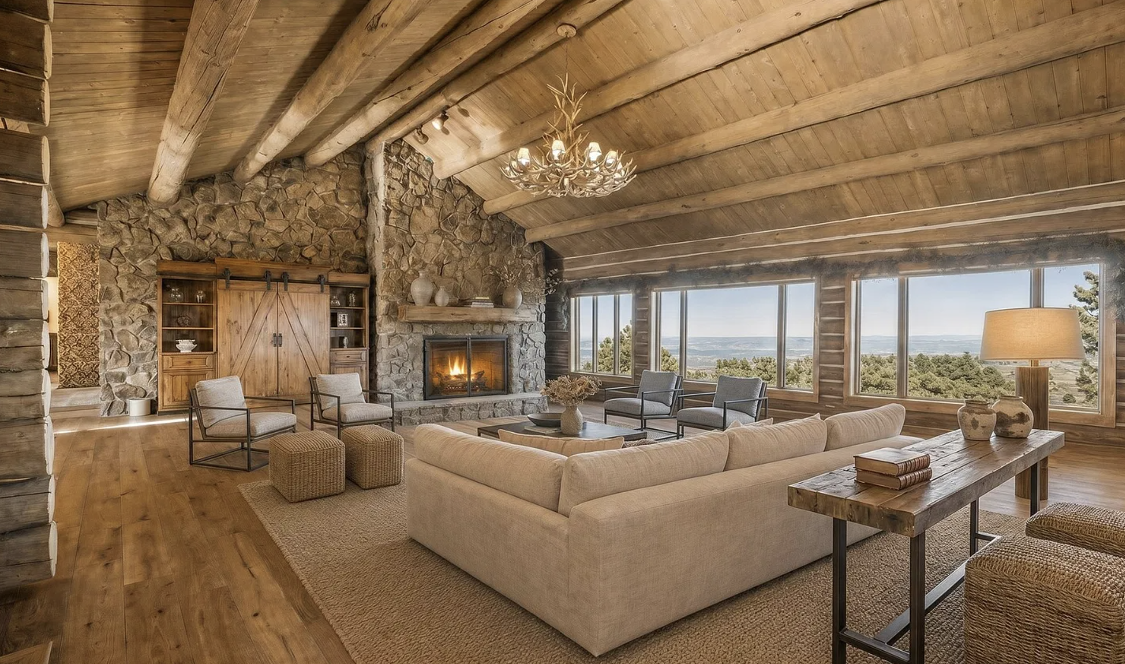 Grand mountain living room with stone fireplace and wood floors