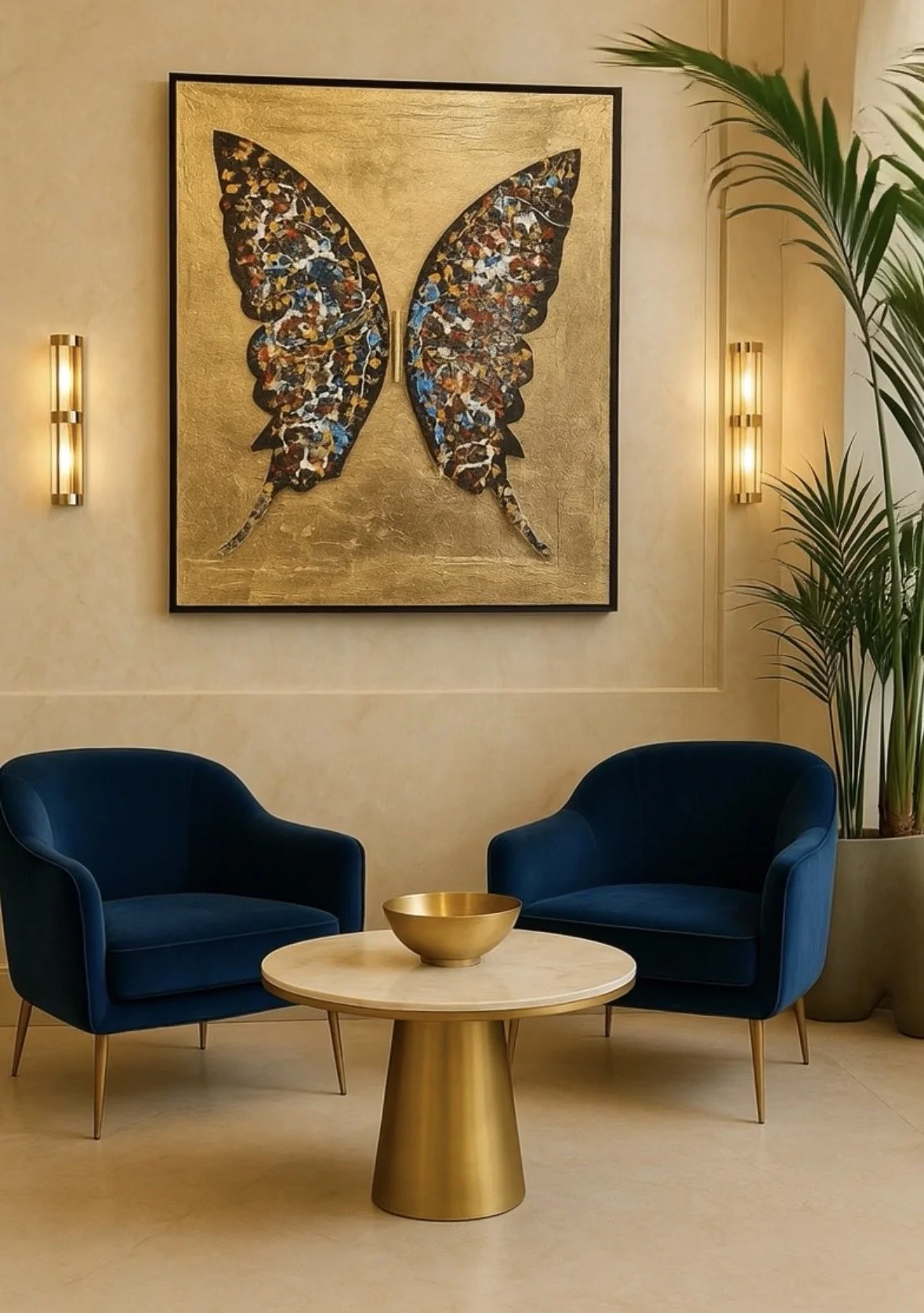 Schmetterling des Schutzes - Original 3D Schmetterlingskunst von Claudia Graf. Goldene Tiefe, farbenreiche Flügel und ein Gefühl von Ruhe und Geborgenheit.